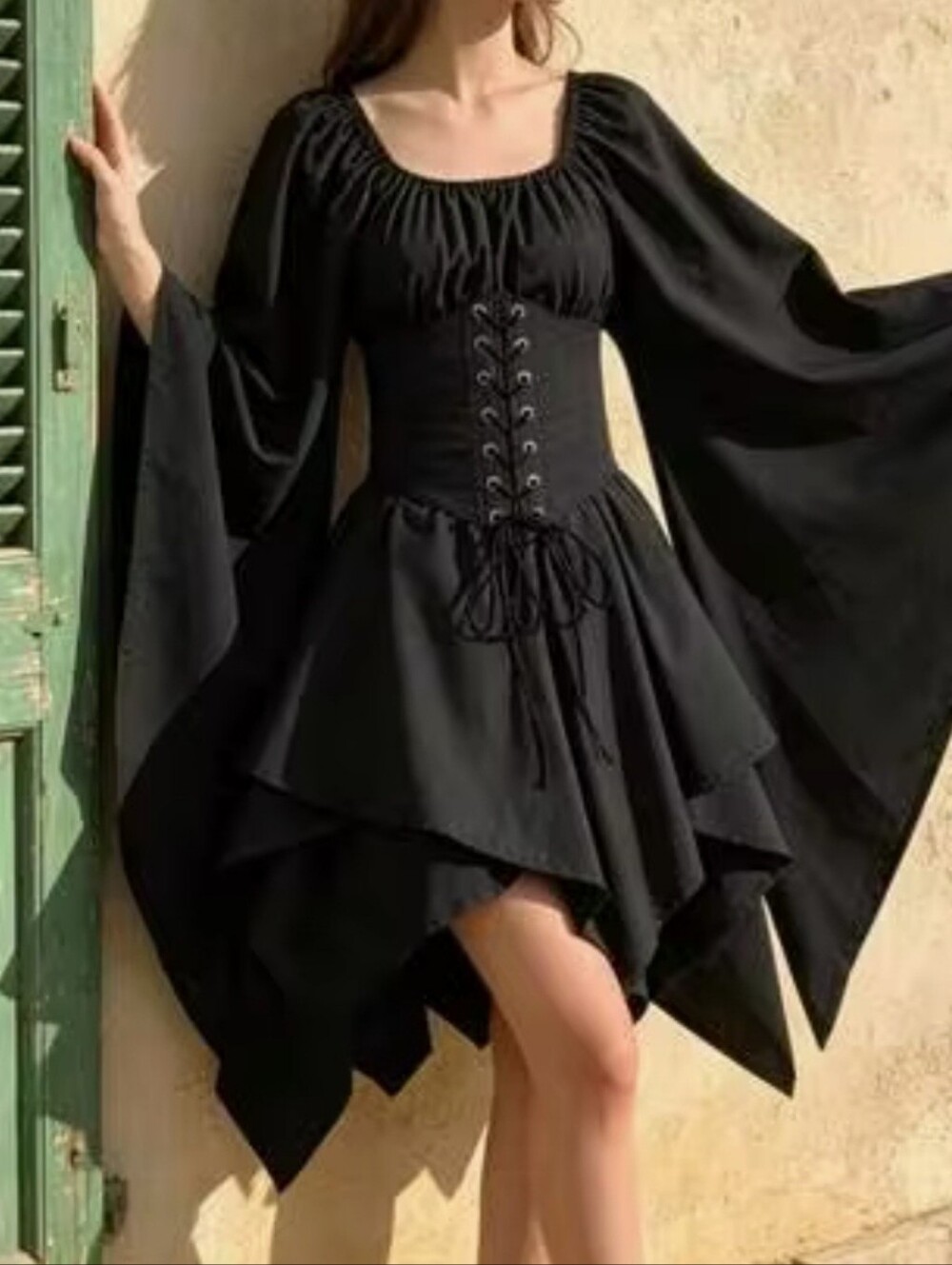 Gothic Black Lace-Up Corset Midi Dress Costume